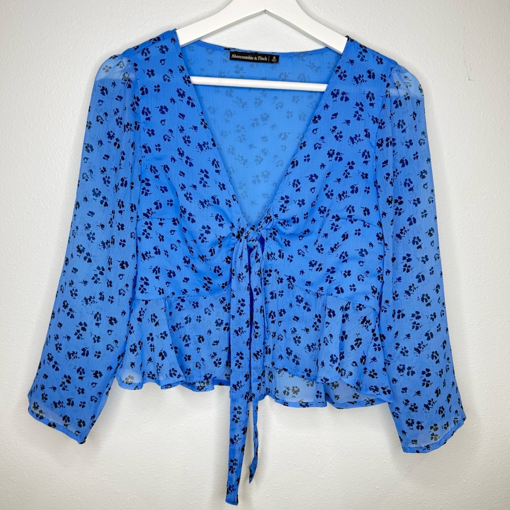 Abercrombie & Fitch Blue Floral Tie-Front Peplum Blouse Small